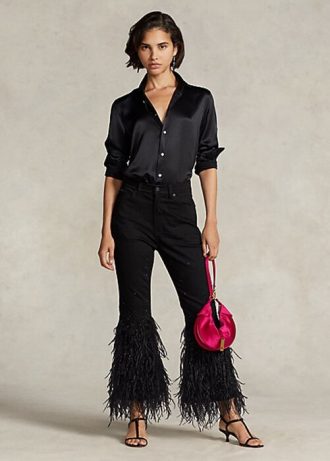 Blugi evazați cu talie înaltă, negri, Ralph Lauren, cu mărgele cu pene Blugi evazați cu talie înaltă, negri, Ralph Lauren, cu mărgele cu pene