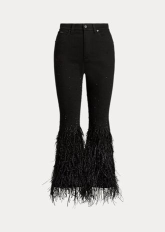 Blugi evazați cu talie înaltă, negri, Ralph Lauren, cu mărgele cu pene Blugi evazați cu talie înaltă, negri, Ralph Lauren, cu mărgele cu pene