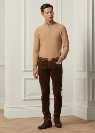 Blugi maro pentru bărbați Ralph Lauren slim fit din catifea elastică