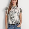 Bluză crem / bleumarin pentru femei Ralph Lauren, cu dungi cu volane, bluză din șifon Bluză crem / bleumarin pentru femei Ralph Lauren, cu dungi cu volane, bluză din șifon