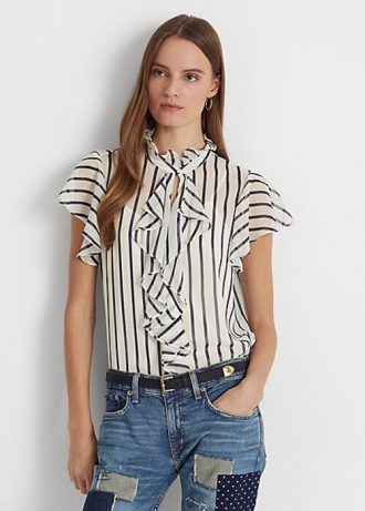 Bluză crem / bleumarin pentru femei Ralph Lauren, cu dungi cu volane, bluză din șifon