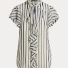 Bluză crem / bleumarin pentru femei Ralph Lauren, cu dungi cu volane, bluză din șifon Bluză crem / bleumarin pentru femei Ralph Lauren, cu dungi cu volane, bluză din șifon