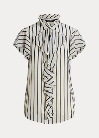 Bluză crem / bleumarin pentru femei Ralph Lauren, cu dungi cu volane, bluză din șifon