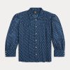 Bluză de damă albastră Ralph Lauren cu flori încrețite din voile de bumbac Bluză de damă albastră Ralph Lauren cu flori încrețite din voile de bumbac