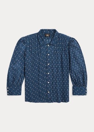Bluză de damă albastră Ralph Lauren cu flori încrețite din voile de bumbac