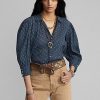 Bluză de damă albastră Ralph Lauren cu flori încrețite din voile de bumbac Bluză de damă albastră Ralph Lauren cu flori încrețite din voile de bumbac