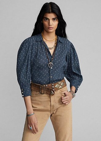 Bluză de damă albastră Ralph Lauren cu flori încrețite din voile de bumbac