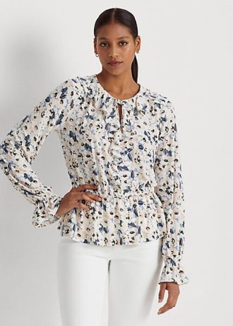 Bluze peplum cu gât cu cravată, din jerseu cu flori Ralph Lauren, multicolore