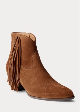 Cizme maro de damă Ralph Lauren Lucille din piele intoarsa cu franjuri