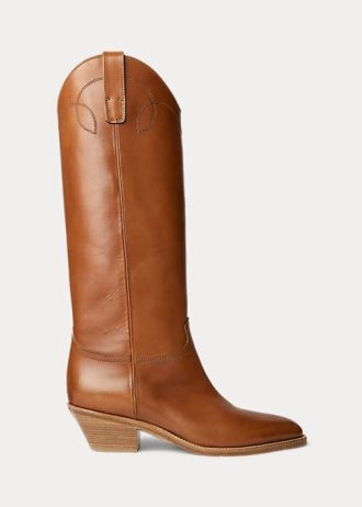 Cizme maro Ralph Lauren Jaelynne din piele de vițel lustruită