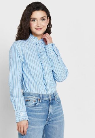 Cămăși albastre pentru femei Ralph Lauren cu dungi cu volane
