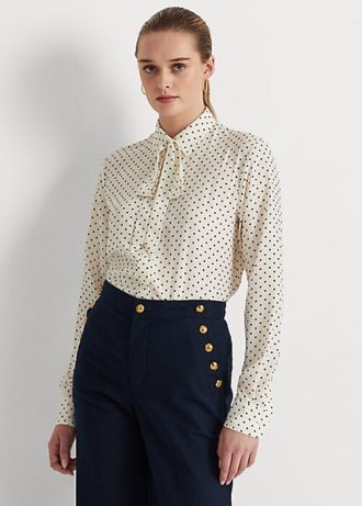 Cămăși creponate cu decolteu cravate Ralph Lauren pentru femei crem / bleumarin
