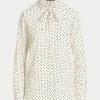Cămăși creponate cu decolteu cravate Ralph Lauren pentru femei crem / bleumarin Cămăși creponate cu decolteu cravate Ralph Lauren pentru femei crem / bleumarin