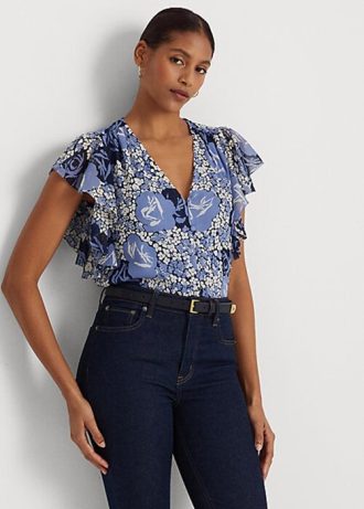 Cămăși de damă albastre Ralph Lauren Floral Crinkle Georgette