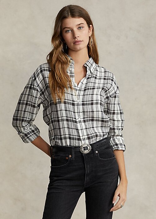 Cămăși de in carouri, negru/alb, pentru femei Ralph Lauren Cămăși de in carouri, negru/alb, pentru femei Ralph Lauren