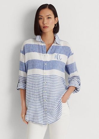 Cămăși de in oversize cu dungi Ralph Lauren de damă albastru/alb