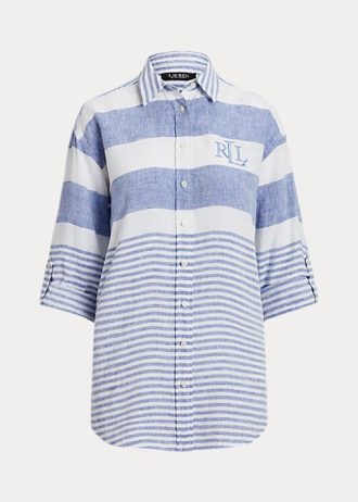Cămăși de in oversize cu dungi Ralph Lauren de damă albastru/alb