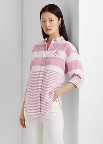 Cămăși de in supradimensionate cu dungi Ralph Lauren pentru femei roz