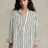 Cămăși din satin cu dungi supradimensionate Ralph Lauren pentru femei negre/crem Cămăși din satin cu dungi supradimensionate Ralph Lauren pentru femei negre/crem