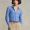 Cămăși polo de damă albastru Ralph Lauren cu coaste, cu nasturi în față Cămăși polo de damă albastru Ralph Lauren cu coaste, cu nasturi în față
