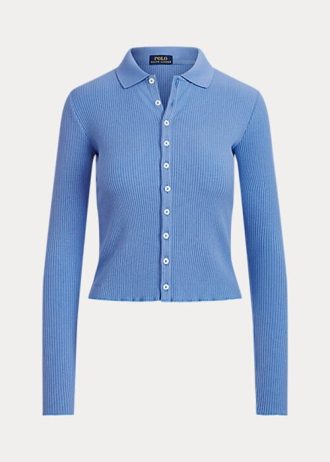 Cămăși polo de damă albastru Ralph Lauren cu coaste, cu nasturi în față