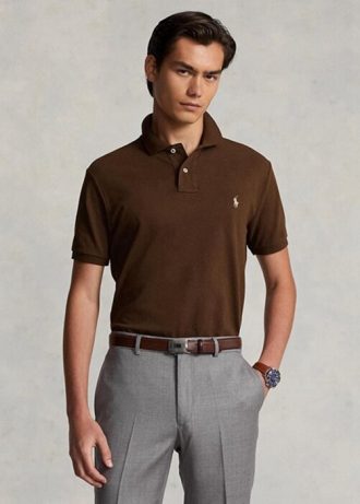 Cămăși polo maro pentru bărbați Ralph Lauren personalizate slim cu plasă Cămăși polo maro pentru bărbați Ralph Lauren personalizate slim cu plasă