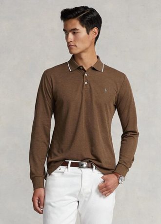 Cămăși polo maro Ralph Lauren personalizate slim fit Birdseye pentru bărbați Cămăși polo maro Ralph Lauren personalizate slim fit Birdseye pentru bărbați