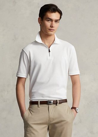 Cămăși polo Ralph Lauren cu fermoar din plasă elastică alb pentru bărbați Cămăși polo Ralph Lauren cu fermoar din plasă elastică alb pentru bărbați