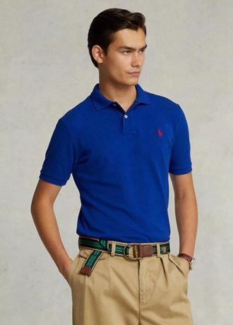Cămăși polo Ralph Lauren personalizate pentru bărbați, cu ochiuri subțire, albastre Cămăși polo Ralph Lauren personalizate pentru bărbați, cu ochiuri subțire, albastre