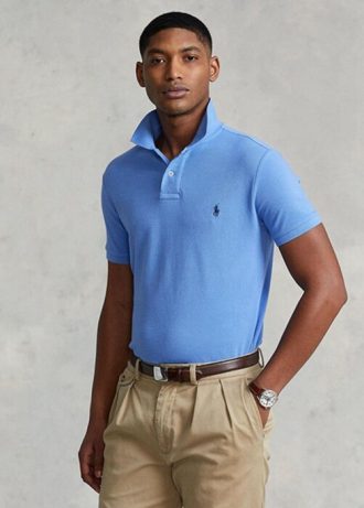 Cămăși polo Ralph Lauren personalizate pentru bărbați, cu ochiuri subțire, albastre Cămăși polo Ralph Lauren personalizate pentru bărbați, cu ochiuri subțire, albastre