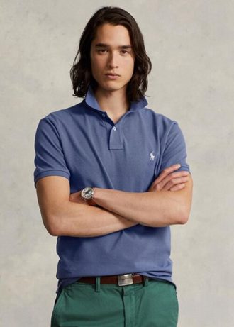 Cămăși polo Ralph Lauren personalizate pentru bărbați, cu ochiuri subțire, albastre Cămăși polo Ralph Lauren personalizate pentru bărbați, cu ochiuri subțire, albastre