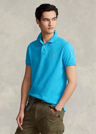 Cămăși polo Ralph Lauren personalizate pentru bărbați, cu ochiuri subțire, albastre Cămăși polo Ralph Lauren personalizate pentru bărbați, cu ochiuri subțire, albastre