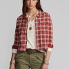 Cămăși roșii pentru femei Ralph Lauren din jerseu cu imprimeu în carouri Cămăși roșii pentru femei Ralph Lauren din jerseu cu imprimeu în carouri