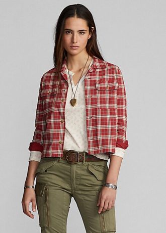Cămăși roșii pentru femei Ralph Lauren din jerseu cu imprimeu în carouri Cămăși roșii pentru femei Ralph Lauren din jerseu cu imprimeu în carouri