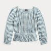 Crem / Albastru Bluză pentru femei Ralph Lauren Gingham Voile Peplum Crem / Albastru Bluză pentru femei Ralph Lauren Gingham Voile Peplum
