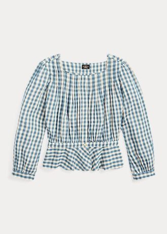 Crem / Albastru Bluză pentru femei Ralph Lauren Gingham Voile Peplum Crem / Albastru Bluză pentru femei Ralph Lauren Gingham Voile Peplum
