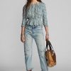 Crem / Albastru Bluză pentru femei Ralph Lauren Gingham Voile Peplum Crem / Albastru Bluză pentru femei Ralph Lauren Gingham Voile Peplum
