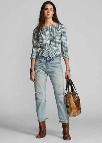 Crem / Albastru Bluză pentru femei Ralph Lauren Gingham Voile Peplum Crem / Albastru Bluză pentru femei Ralph Lauren Gingham Voile Peplum