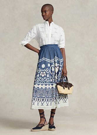 Fuste A-Line din Voile cu mărgele cu imprimeu Ralph Lauren pentru femei albastre/albe