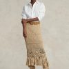 Fuste de damă bej Ralph Lauren din tricot macrame cu franjuri