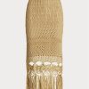 Fuste de damă bej Ralph Lauren din tricot macrame cu franjuri