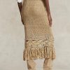 Fuste de damă bej Ralph Lauren din tricot macrame cu franjuri