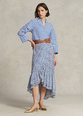Fuste din crepon cu volane florale Ralph Lauren pentru femei albastre