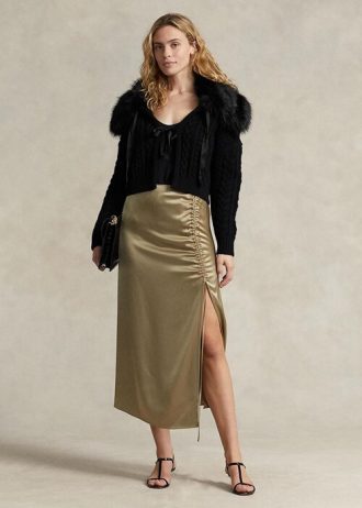 Fuste din satin cu detaliu de cravată Ralph Lauren de damă Olive