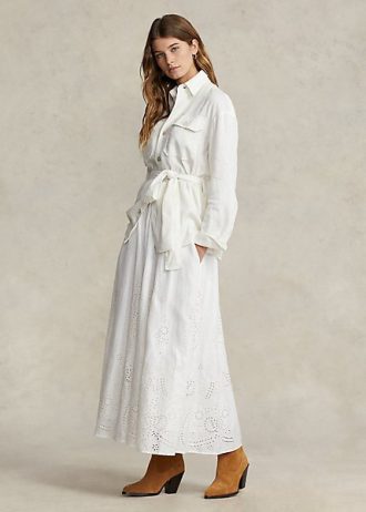 Fuste midi de in alb Ralph Lauren cu ochiuri