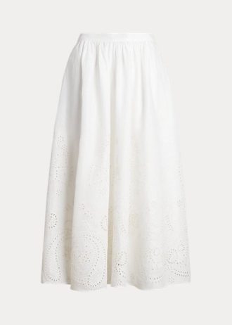Fuste midi de in alb Ralph Lauren cu ochiuri