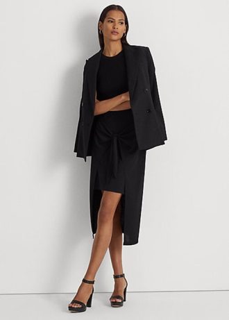 Fuste midi din jerseu stretch cu cravată în față Ralph Lauren pentru femei negre Fuste midi din jerseu stretch cu cravată în față Ralph Lauren pentru femei negre