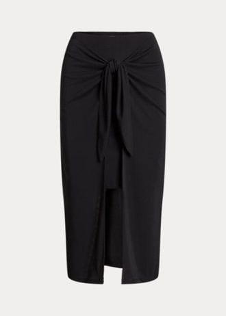 Fuste midi din jerseu stretch cu cravată în față Ralph Lauren pentru femei negre Fuste midi din jerseu stretch cu cravată în față Ralph Lauren pentru femei negre