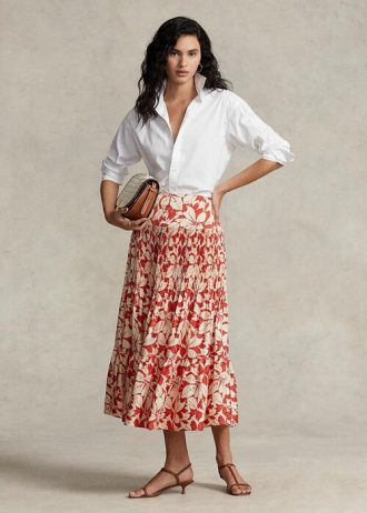 Fuste midi în formă de A, pliate, din satin, cu imprimeu Ralph Lauren, Rose