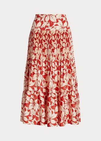 Fuste midi în formă de A, pliate, din satin, cu imprimeu Ralph Lauren, Rose